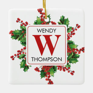 Ornement En Céramique Noël Monogramme Rouge & Green Festive