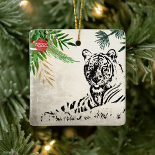 Ornement En Céramique Noël personnalisé Tigre sauvage et Fronds de palme