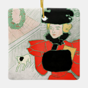 Ornement En Céramique Noël Vintage Élégante Dame Victorienne en Rouge