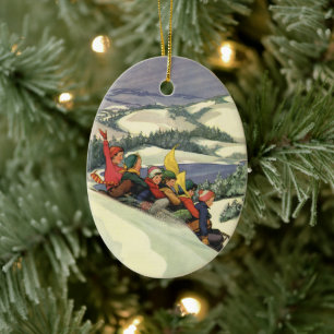 Ornement En Céramique Noël vintage, enfants faisant de la luge sur une m