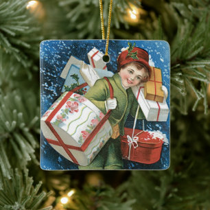 Ornement En Céramique Noël vintage, fille avec des cadeaux dans la neige