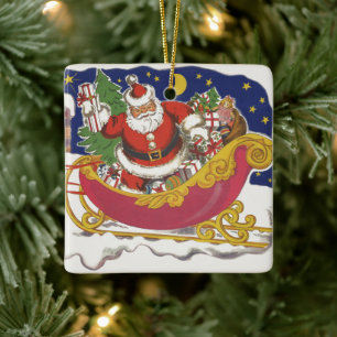 Ornement En Céramique Noël vintage, joyeux Père Noël avec traîneau