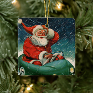 Ornement En Céramique Noël vintage, le Père Noël dans une voiture mignon