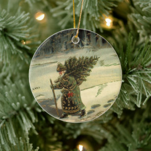 Ornement En Céramique Noël vintage, le Père Noël porte un arbre