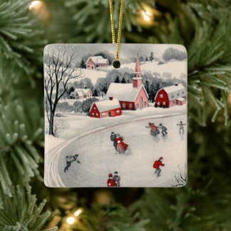 Ornement En Céramique Noël vintage, patineurs victoriens sur étang