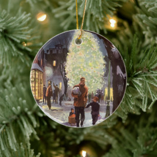 Ornement En Céramique Noël vintage, père faisant des achats avec les enf