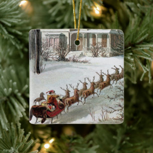 Ornement En Céramique Noël vintage, Saint Nicolas avec rennes