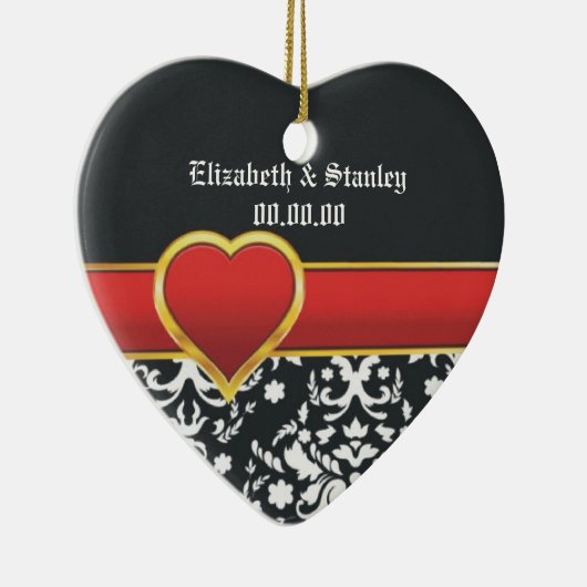Ornement En Céramique Noir blanc damassé rouge coeur mariage Enregistrer (Droite)