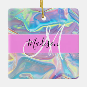 Ornement En Céramique Nom de monogramme holographique iridescent rose fé