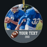 Ornement En Céramique Nom et numéro de la photo de football personnalisé<br><div class="desc">Ajoutez la photo,  le nom et le numéro de votre joueur à cette conception de football personnalisée. Fait un grand cadeau de fin de saison pour célébrer tout son travail et son dévouement. Découvrez nos autres designs sportifs en cliquant sur le logo Colorfulgalshop ci-dessous.</div>