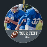 Ornement En Céramique Nom et numéro de la photo de football personnalisé<br><div class="desc">Ajoutez la photo,  le nom et le numéro de votre joueur à cette conception de football personnalisée. Fait un grand cadeau de fin de saison pour célébrer tout son travail et son dévouement. Découvrez nos autres designs sportifs en cliquant sur le logo Colorfulgalshop ci-dessous.</div>