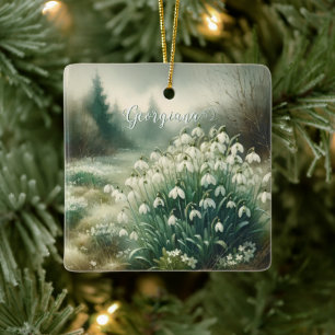 Ornement En Céramique Nom personnalisé Aquarelle Vintage Floral Snowdrop