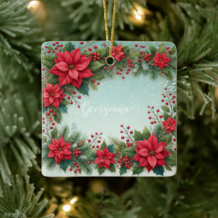 Ornement En Céramique Nom personnalisé Noël Floral Aquarelle Poinsettia
