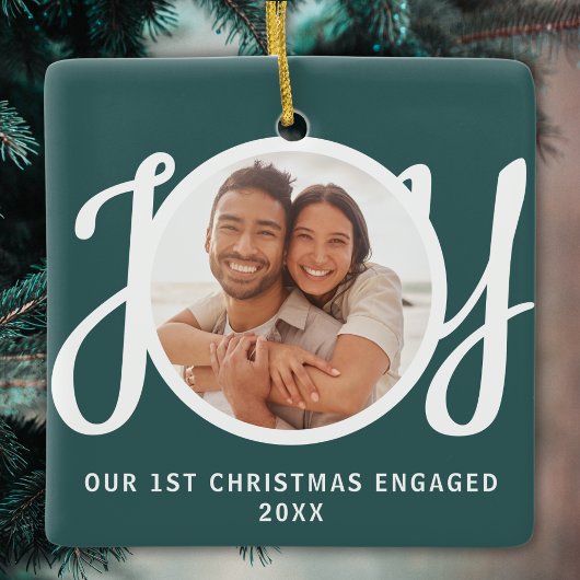 Ornement En Céramique Notre 1ère photo de Noël fiancés Cadeau vert