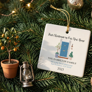 Ornement En Céramique Notre Nouveau Noël à la Maison Porte Avant Bleue
