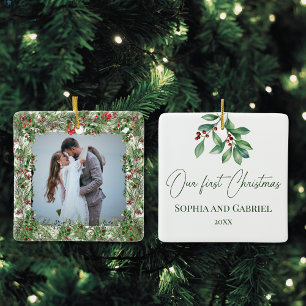 Ornement En Céramique Notre premier mariage élégant de Noël nouvellement