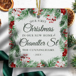Ornement En Céramique Notre premier Noël dans notre nouvelle aquarelle<br><div class="desc">Notre premier Noël dans<add name="" of="" your="" street="">Rue dans classique et simple serif et écriture cursive typographie sur un simple arrière - plan moderne de l'aquarelle feuillage botanique</add></div>