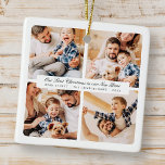 Ornement En Céramique Notre Premier Noël Dans Notre Nouvelle Maison Mode<br><div class="desc">Design est composé de typographie chic moderne avec sans serif et serif police. Ajoutez des photos personnalisées de la famille,  de la nouvelle maison et de l'année.</div>