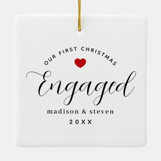 Ornement En Céramique Notre premier Noël Engagé Script Red Heart Noms (Dos)