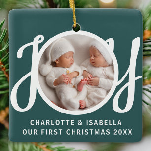 Ornement En Céramique Notre Premier Noël Jumeaux Photo Cadeau Vert