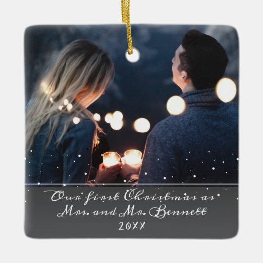 Ornement En Céramique Notre premier Noël, Mme. & M. Mariage Photo (Devant)
