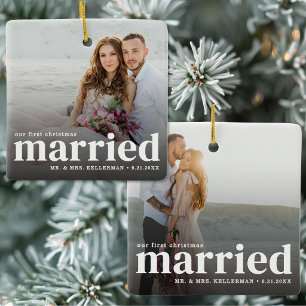 Ornement En Céramique Notre première photo de couple marié à Noël