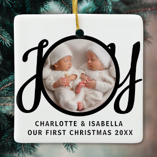 Ornement En Céramique Notre première photo de Noël de jumeaux Joie Noir