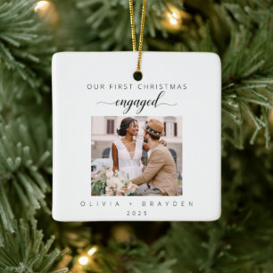 Ornement En Céramique Notre Première Photo de Noël Fiancés Vacances