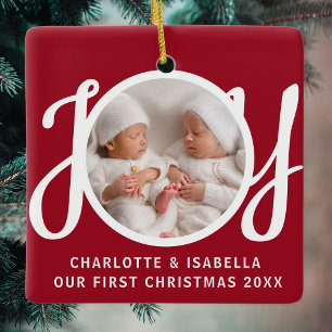 Ornement En Céramique Notre Première Photo de Noël Jumeaux Cadeau Rouge