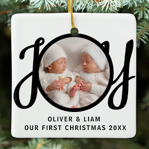 Ornement En Céramique Notre Première Photo de Noël Jumeaux Joie Noir Bla