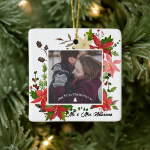 Ornement En Céramique Notre première photo de Noël Marié Poinsettia