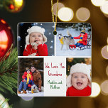 Ornement En Céramique Nous t'aimons Grand-mère Custom Cute Kids Photo Co<br><div class="desc">Ce joli ornement de Noël recto-verso personnalisé présente une disposition moderne de 4 photos de famille sur un arrière - plan blanc avec une typographie rouge et verte lecture We Love You Grand-mère. Ce beau cadeau photo pour petits-enfants comporte votre propre collage photographique entourant votre message personnalisé et les noms...</div>
