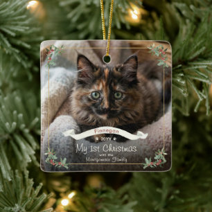 Ornement En Céramique Nouveau Chat Mon Premier Noël Nom de Famille Année