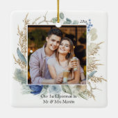 Ornement En Céramique Nouveau marié 1er Noël Mr & Mrs Chic Floral Photo (Dos)