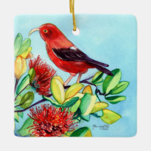 Ornement En Céramique Oiseau de Mele Kalikimaka Iiwi et fleurs d'Ohia Le