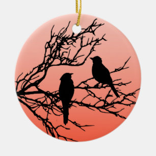 Ornement En Céramique Oiseaux sur une branche, Noir contre le coucher du