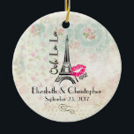 Ornement En Céramique Ooh La Paris Mariage Tour Eiffel<br><div class="desc">Un ornement mariage personnalisé avec un joli arrière - plan motif vintage avec des roses et d'autres éléments décoratifs. La partie supérieure est une illustration de la tour eiffel et des trottoirs écrits par Ooh La La. Une impression de rouge à lèvres rose chaud laissée à côté du célèbre repère...</div>