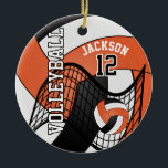 Ornement En Céramique Orange, Blanc et Noir Personnalisez 🏐 volleyball<br><div class="desc">🥇 UN DESIGN D'ART ORIGINAL DE DROIT D'AUTEUR DE Donna Siegrist SEULEMENT DISPONIBLE SUR ZAZZLE! Volley-ball 🏐 💖 Joueur Sport Ornement de Noël. Impressionnez votre joueur de volley-ball avec ce design do-it-yourself nom dans un design ORANGE, BLANC ET NOIR pointu. Un grand cadeau pour n'importe quel joueur de volley-ball, ventilateur...</div>
