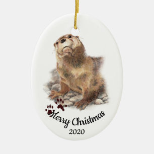 Ornement En Céramique Otter d'aquarelle de Noël sur mesure