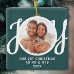 Ornement En Céramique Our 1st Christmas As Mr & Mrs Photo Green Keepsake<br><div class="desc">This keepsake First Christmas As Mr & Mrs photo ornament is decorated with the word JOY in stylish script typography on a green background. Easily customizable.</div>