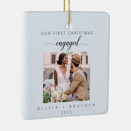 Ornement En Céramique Our First Christmas As Engaged Winter Photo (Droite)