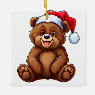 Ornement En Céramique Ours animé mignon avec un chapeau de Père Noël