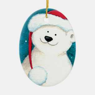 Ornement En Céramique Ours blanc de fête dans un casquette de Père No