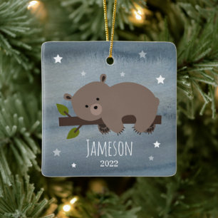 Ornement En Céramique Ours couché Étoiles Bébé Cub Premier Noël Photo