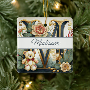 Ornement En Céramique Ours en peluche floral lettre M personnalisée