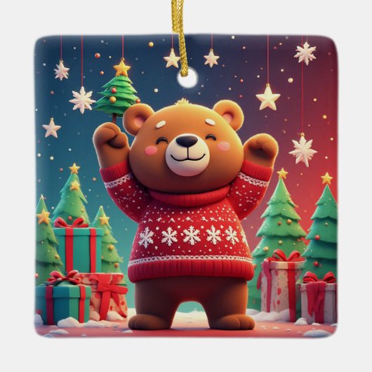 Ornement En Céramique Ours mignon en pull de Noël (Devant)