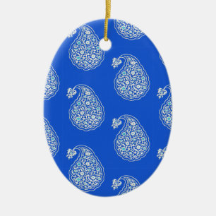 Ornement En Céramique Paisley perse - blanc sur bleu