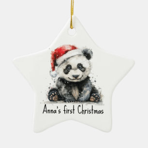 Ornement En Céramique panda bébé en casquette de noël, personnalisable