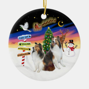 Ornement En Céramique Panneaux de Noël - Deux Shelties (D-L)