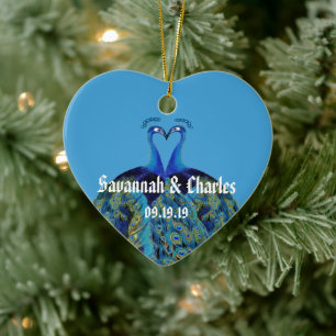 Ornement En Céramique Paons sarcelle bleu marine s'embrassant 1er Noël